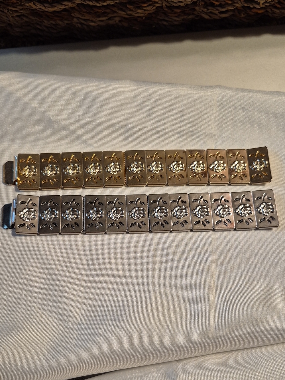 Source Unknown Gold and Silver Floral Link Bracelet Set
